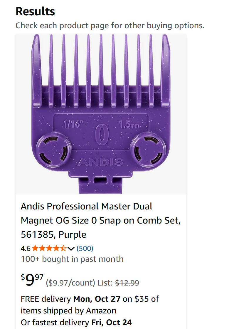 Andis Professional Master Dual Magnet OG Size 0 Snap on Comb Set, 561385, Purple Andis Professional Master Dual Magnet OG Size 0 Snap on Comb Set,